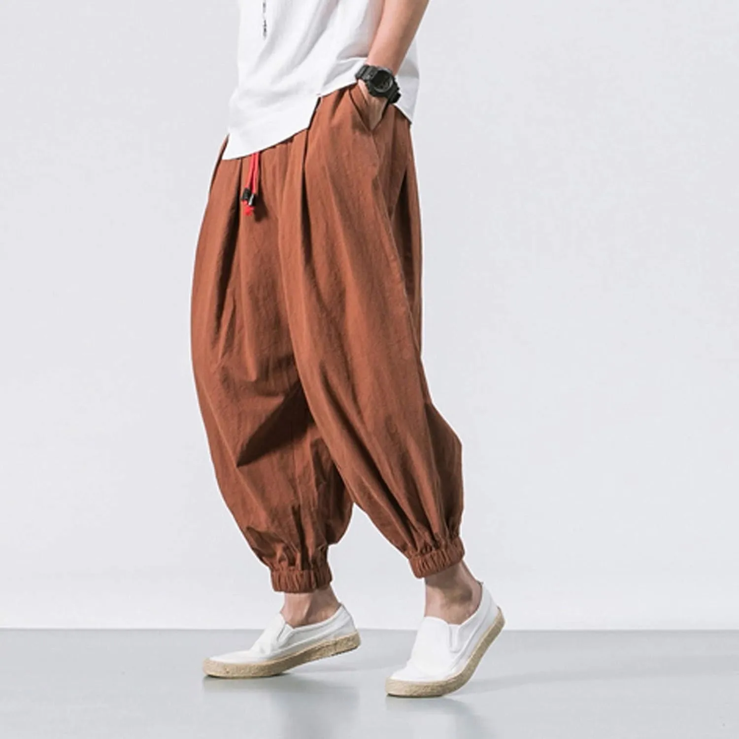 Mens Linen Harem Pants Lightweight Casual Drawstring Elastic Waist Cargo Pant Baggy Vintage Wide Leg Elasticat Pants