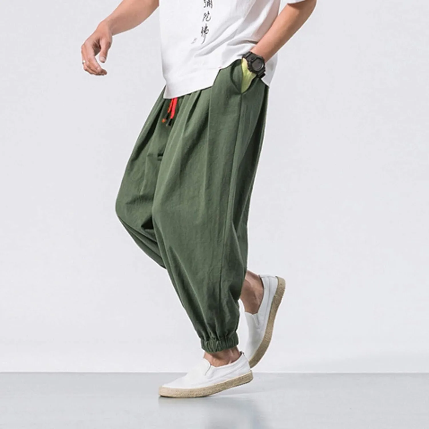 Mens Linen Harem Pants Lightweight Casual Drawstring Elastic Waist Cargo Pant Baggy Vintage Wide Leg Elasticat Pants