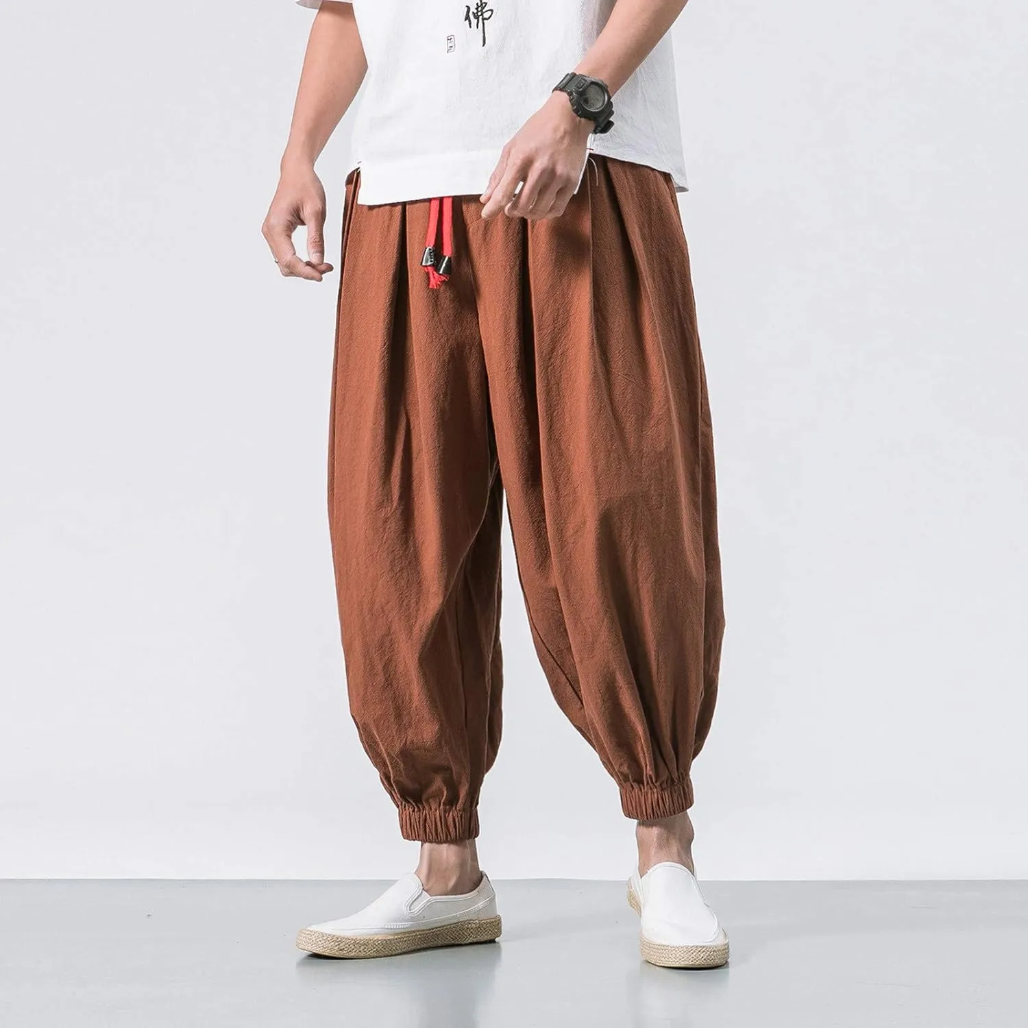 Mens Linen Harem Pants Lightweight Casual Drawstring Elastic Waist Cargo Pant Baggy Vintage Wide Leg Elasticat Pants