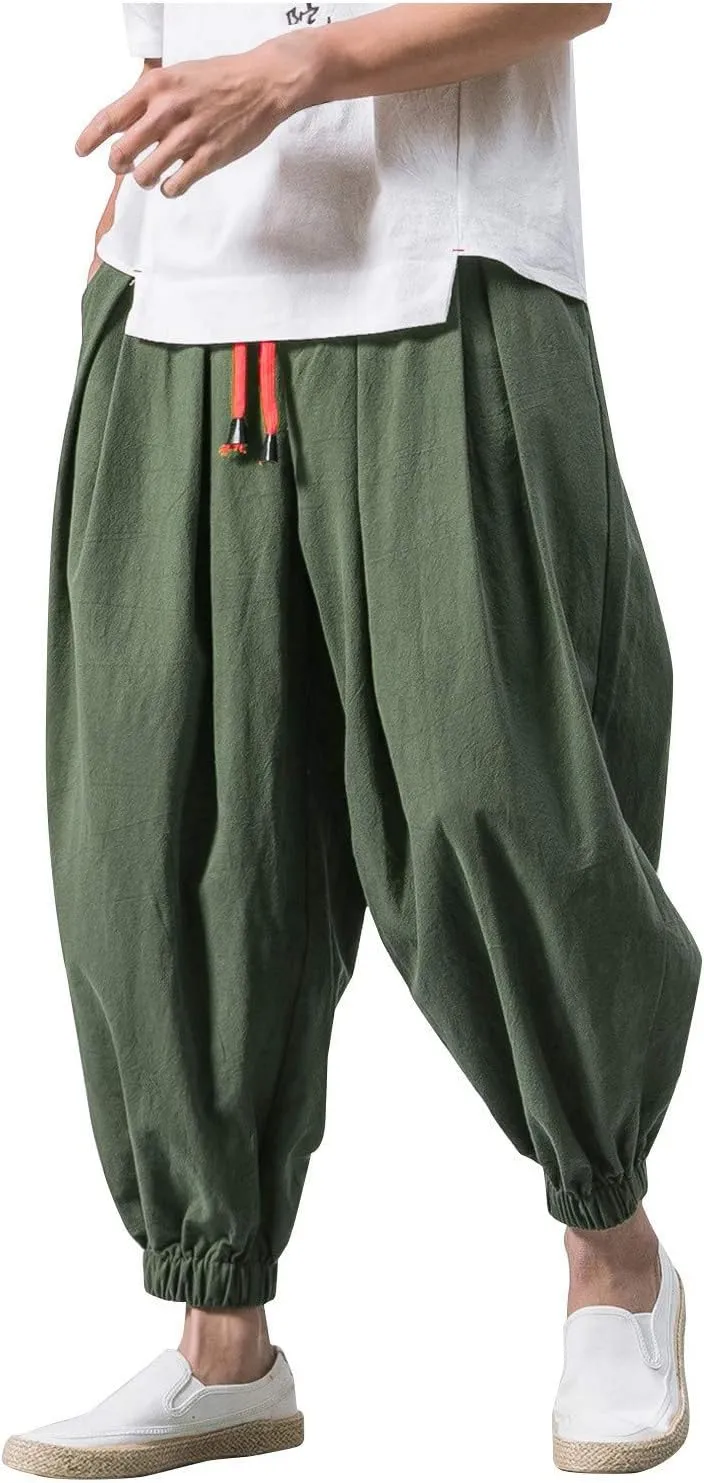 Mens Linen Harem Pants Lightweight Casual Drawstring Elastic Waist Cargo Pant Baggy Vintage Wide Leg Elasticat Pants