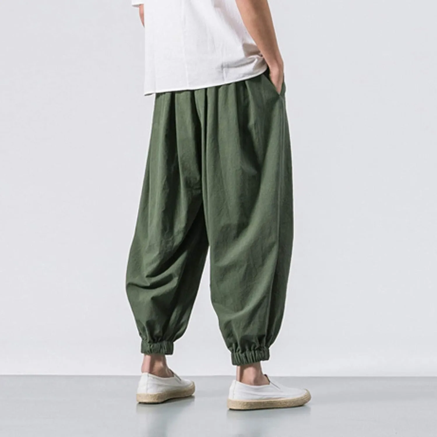 Mens Linen Harem Pants Lightweight Casual Drawstring Elastic Waist Cargo Pant Baggy Vintage Wide Leg Elasticat Pants