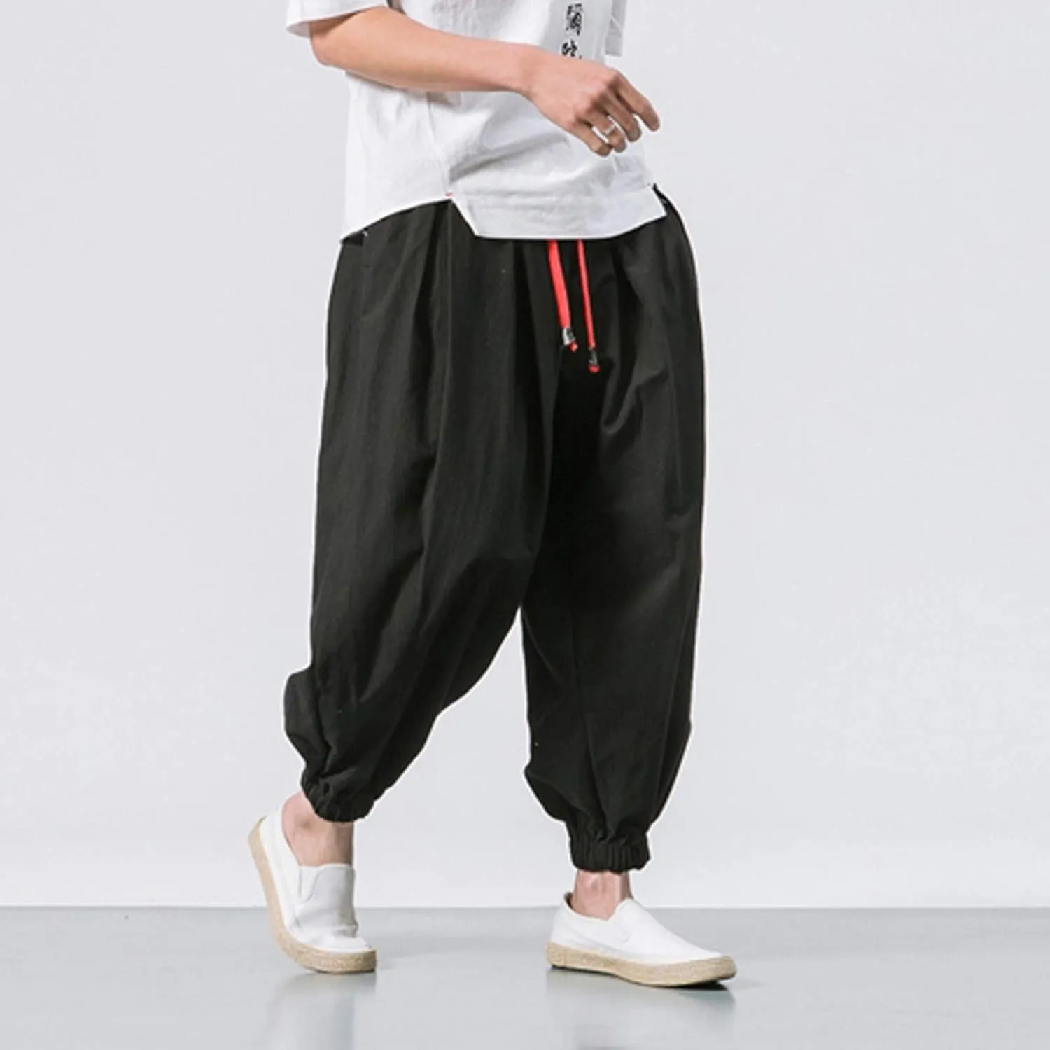 Mens Linen Harem Pants Lightweight Casual Drawstring Elastic Waist Cargo Pant Baggy Vintage Wide Leg Elasticat Pants
