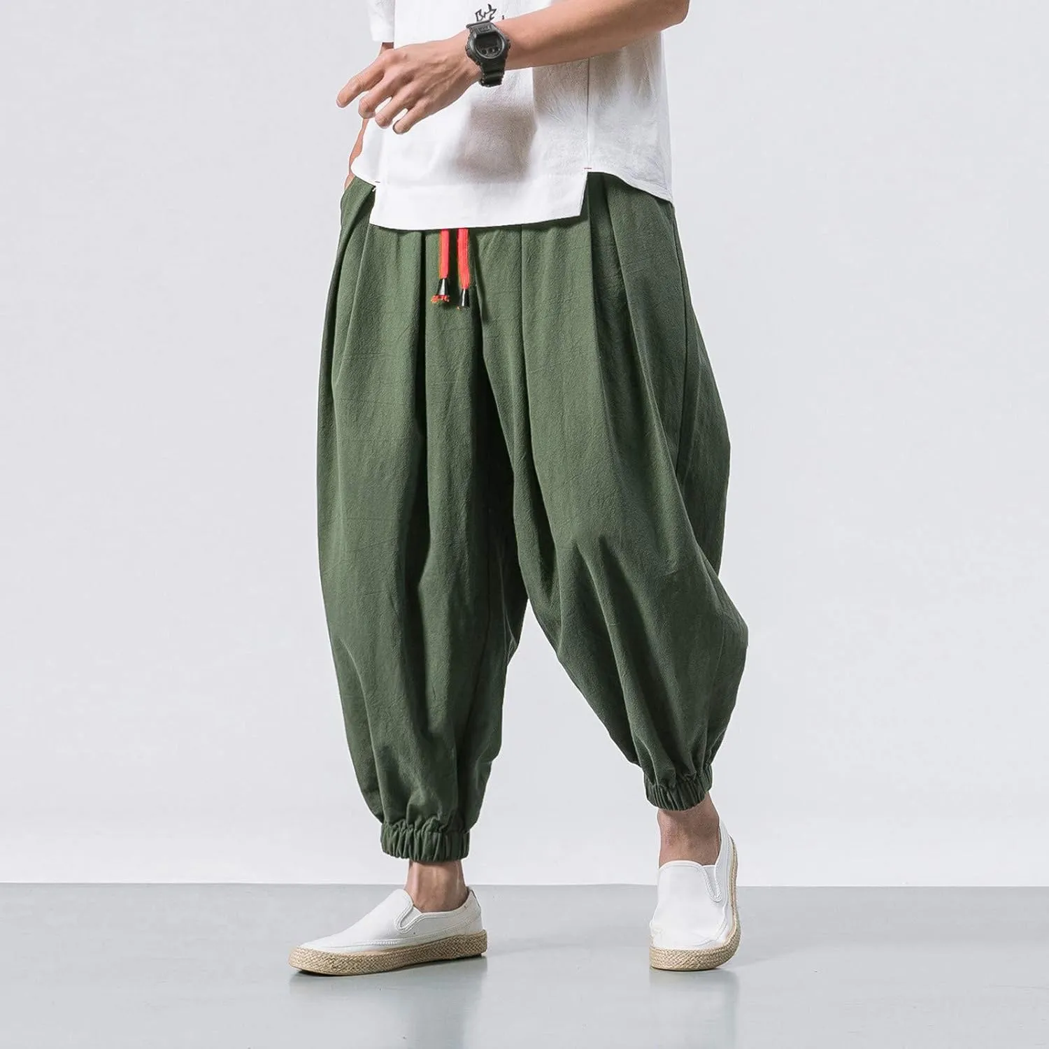 Mens Linen Harem Pants Lightweight Casual Drawstring Elastic Waist Cargo Pant Baggy Vintage Wide Leg Elasticat Pants