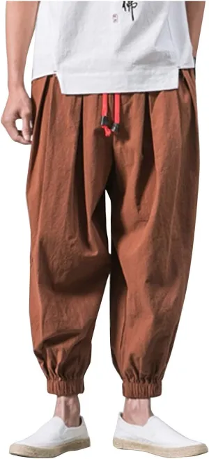 Mens Linen Harem Pants Lightweight Casual Drawstring Elastic Waist Cargo Pant Baggy Vintage Wide Leg Elasticat Pants