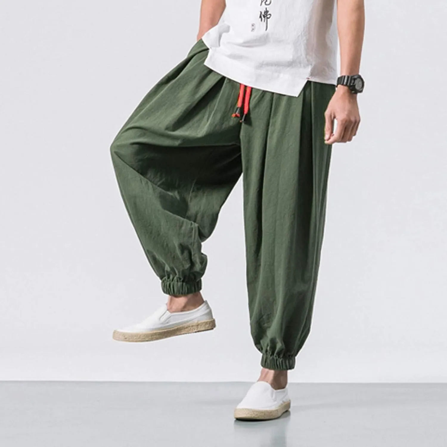 Mens Linen Harem Pants Lightweight Casual Drawstring Elastic Waist Cargo Pant Baggy Vintage Wide Leg Elasticat Pants