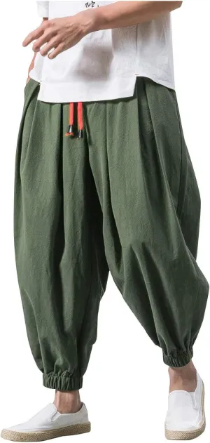 Mens Linen Harem Pants Lightweight Casual Drawstring Elastic Waist Cargo Pant Baggy Vintage Wide Leg Elasticat Pants