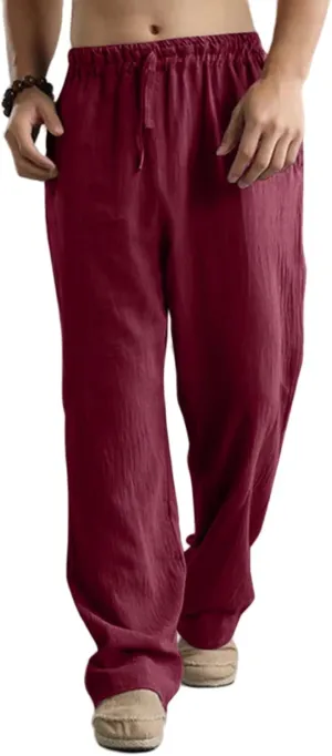 Men's Linen Pants Casual Elastic Waist Drawstring Trousers Summer Yoga Beach Pants Loose Breathable Sweatpants
