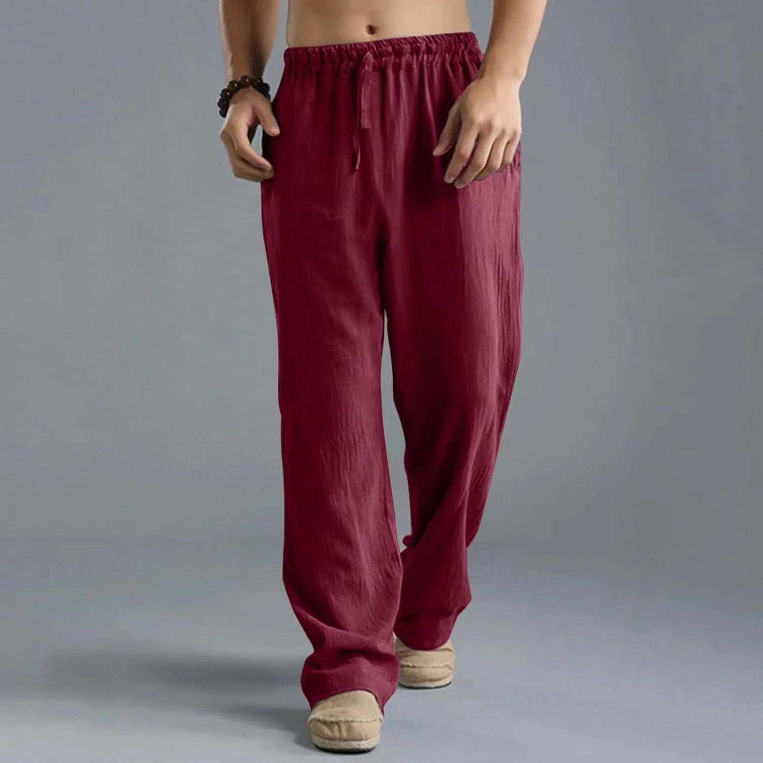 Men's Linen Pants Casual Elastic Waist Drawstring Trousers Summer Yoga Beach Pants Loose Breathable Sweatpants