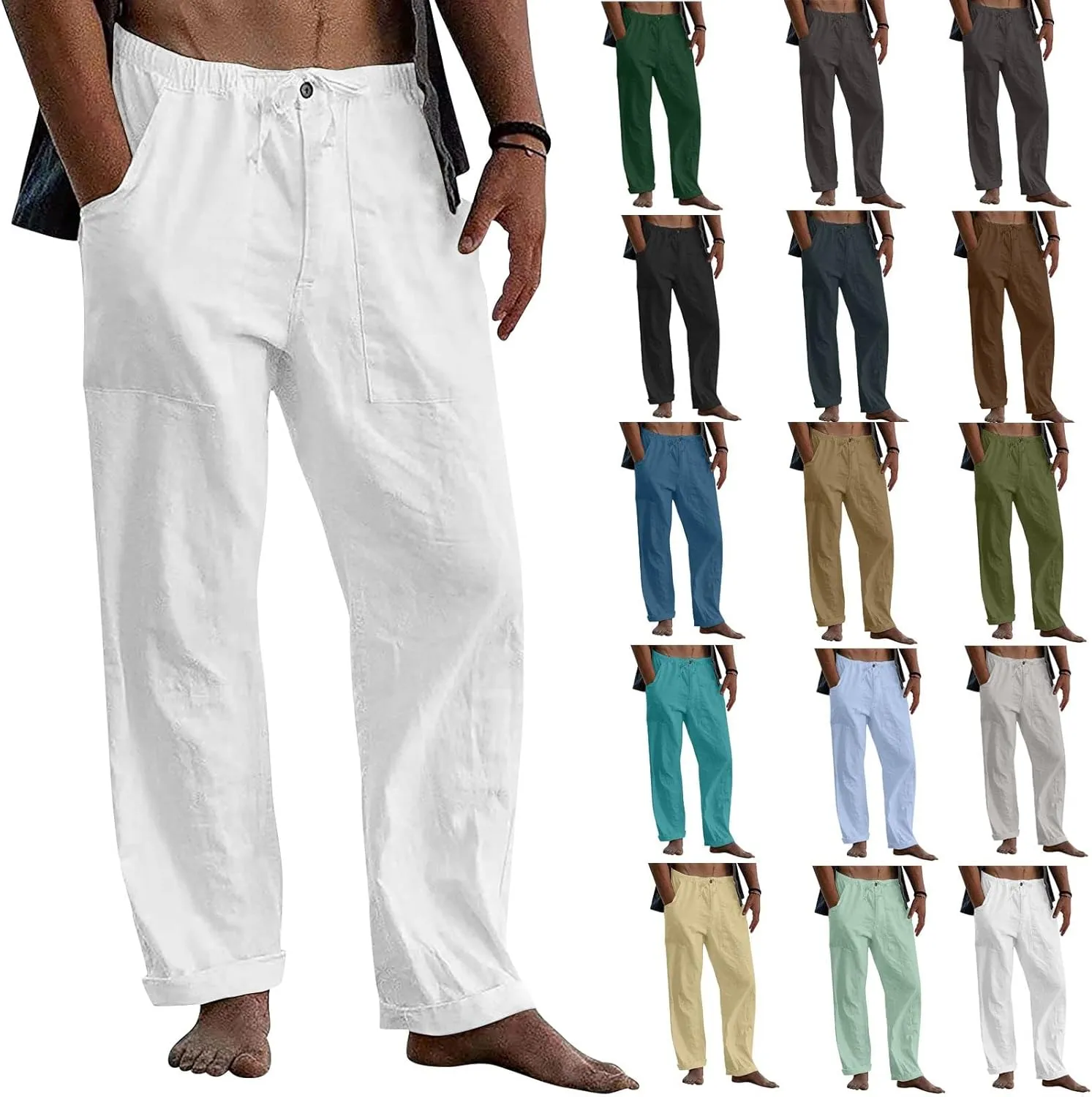 Mens Linen Pants Casual Elastic Waist Straight Drawstring Trousers Loose Fit Yoga Beach Joggers Pant with Pockets