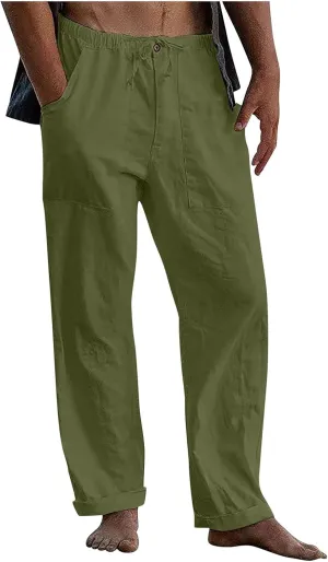Mens Linen Pants Casual Elastic Waist Straight Drawstring Trousers Loose Fit Yoga Beach Joggers Pant with Pockets