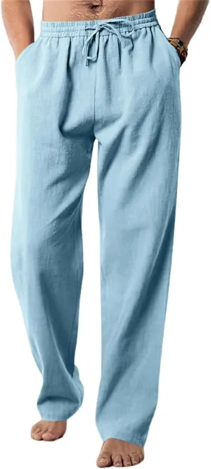 Men's Linen Pants Drawstring Elastic Waist for Yoga Beach Casual Wear Lightweight Loose Fit for Warm Weather