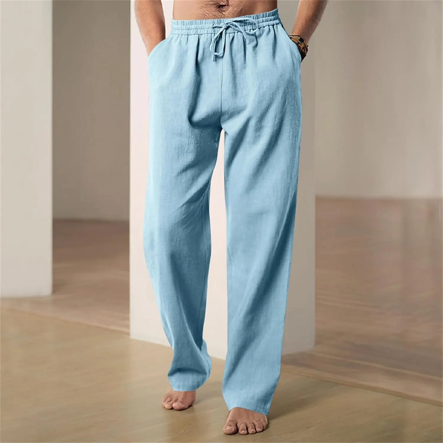 Men's Linen Pants Drawstring Elastic Waist for Yoga Beach Casual Wear Lightweight Loose Fit for Warm Weather