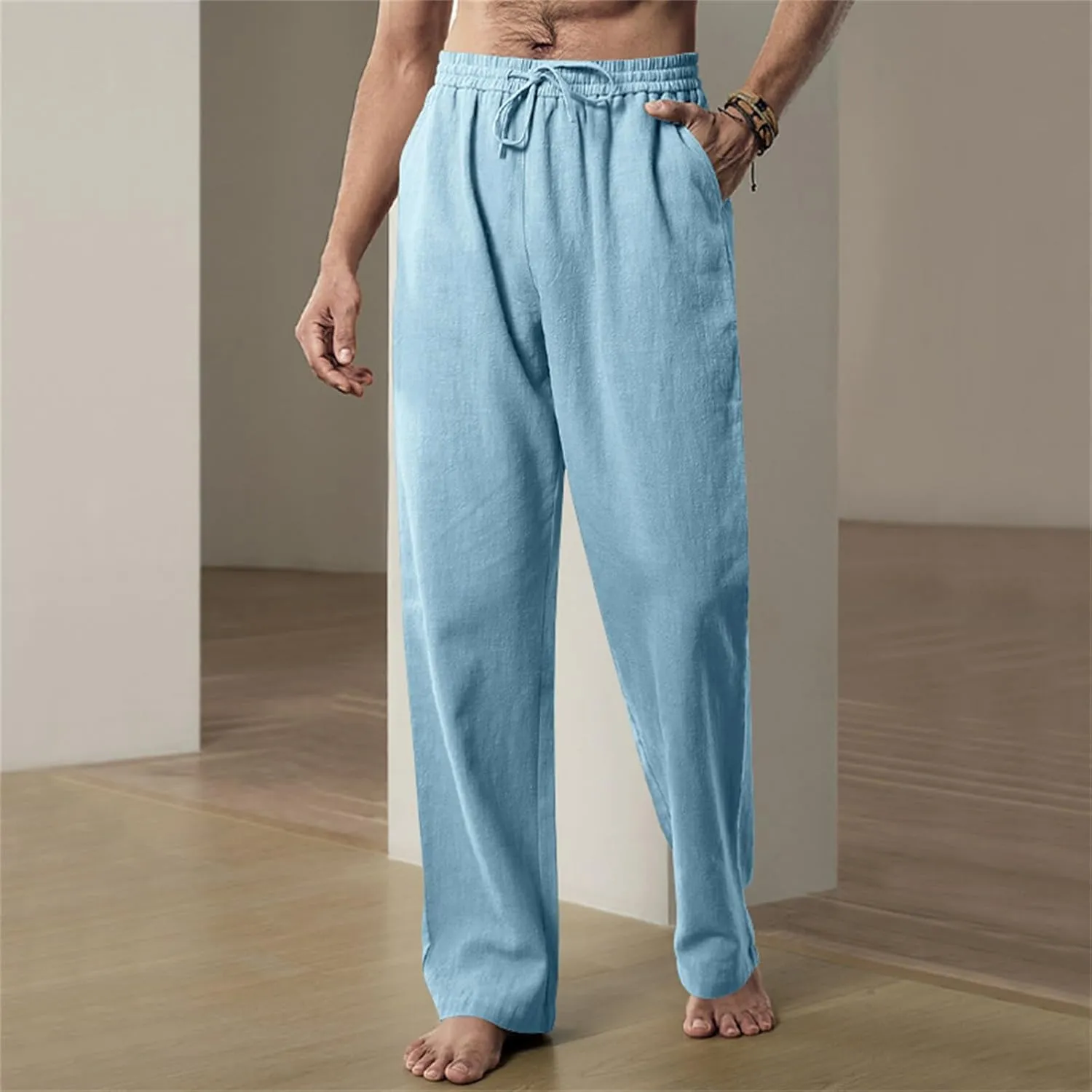 Men's Linen Pants Drawstring Elastic Waist for Yoga Beach Casual Wear Lightweight Loose Fit for Warm Weather
