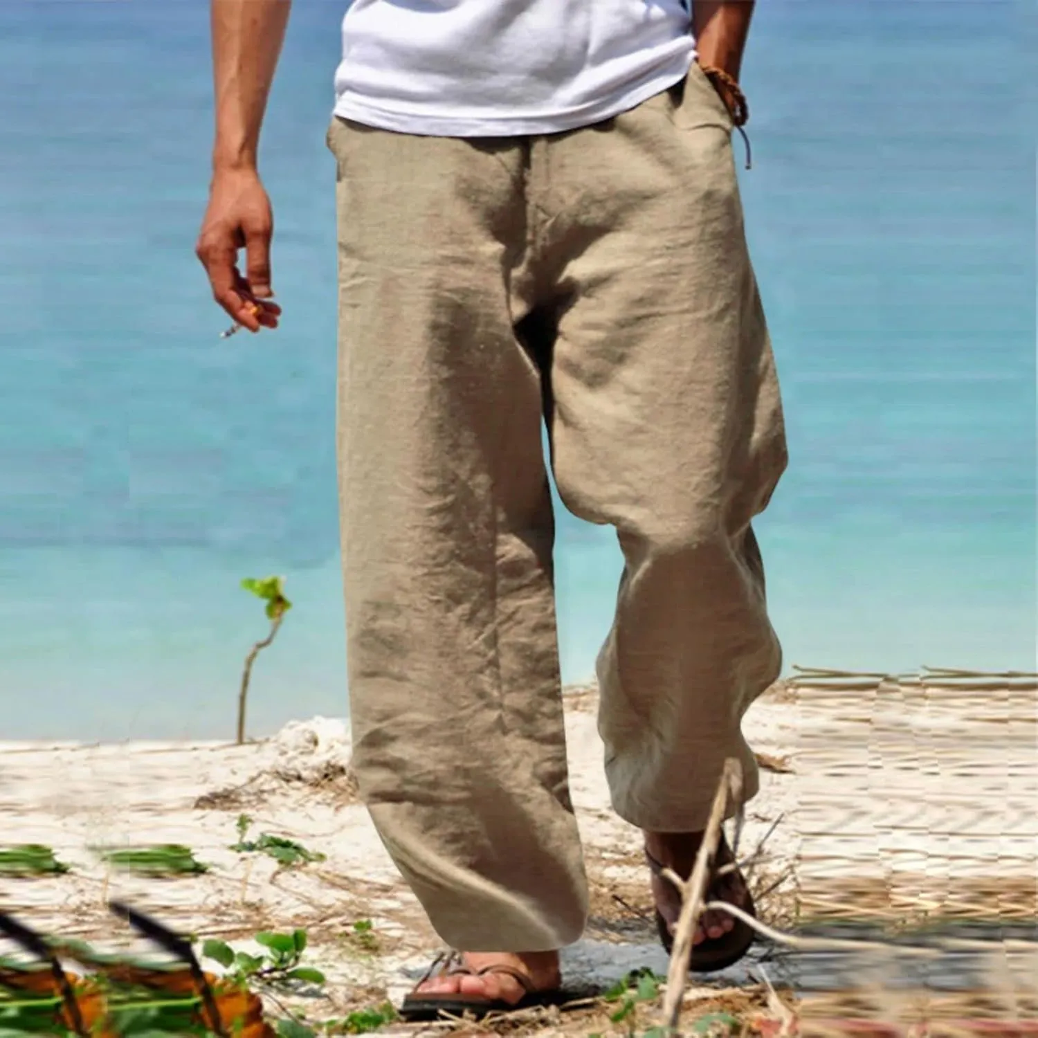Men's Linen Pants Loose Fit Yoga Beach Pants Slim Fit Capri Trousers with Elastic Waist for Casual Summer Wear