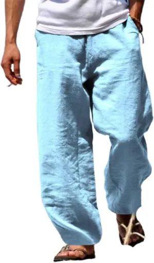 Men's Linen Pants Loose Fit Yoga Beach Pants Slim Fit Capri Trousers with Elastic Waist for Casual Summer Wear