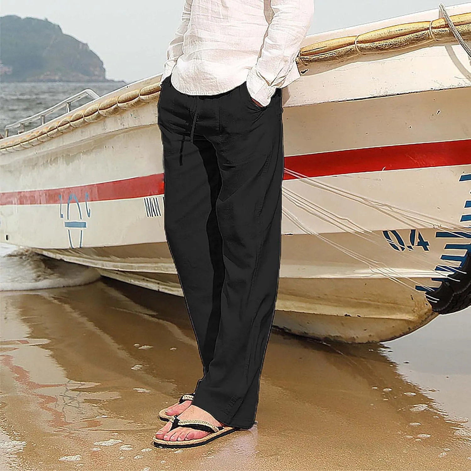 Mens Linen Pants Yoga Beach Loose Fit Lightweight Casual Summer Elastic Waist Drawstring Baggy Trousers with Pockets
