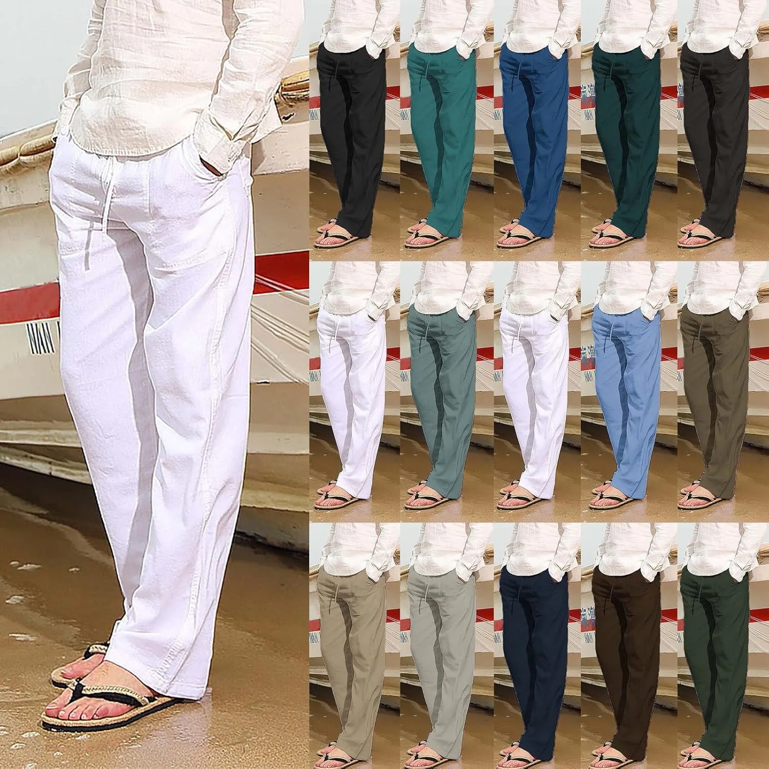 Mens Linen Pants Yoga Beach Loose Fit Lightweight Casual Summer Elastic Waist Drawstring Baggy Trousers with Pockets