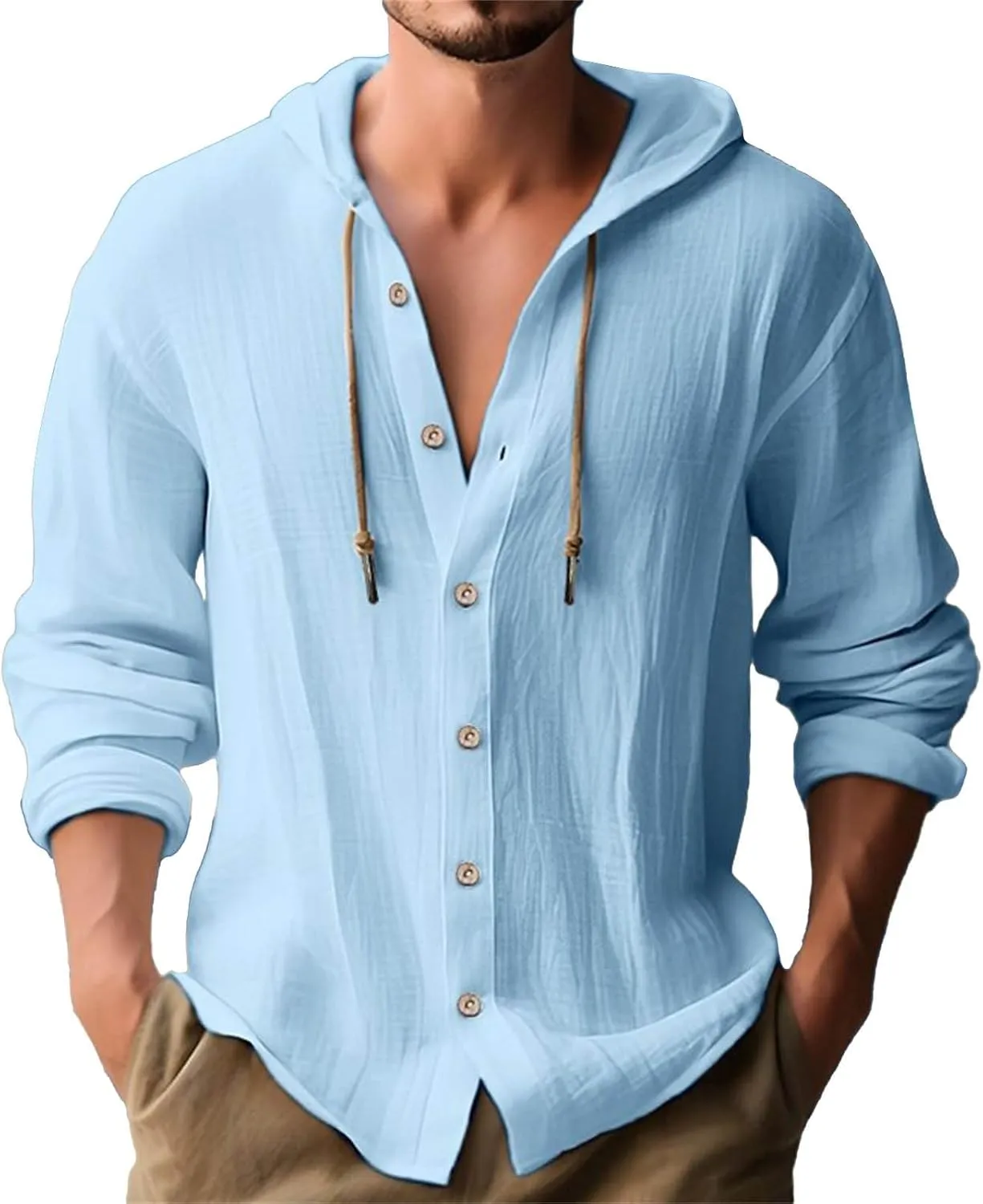Men's Linen Shirts Hoodie Casual Button Down Shirt Men Long Sleeve Linen Chambray Shirt Mens Beach Shirts