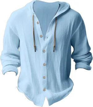 Men's Linen Shirts Hoodie Casual Button Down Shirt Men Long Sleeve Linen Chambray Shirt Mens Beach Shirts