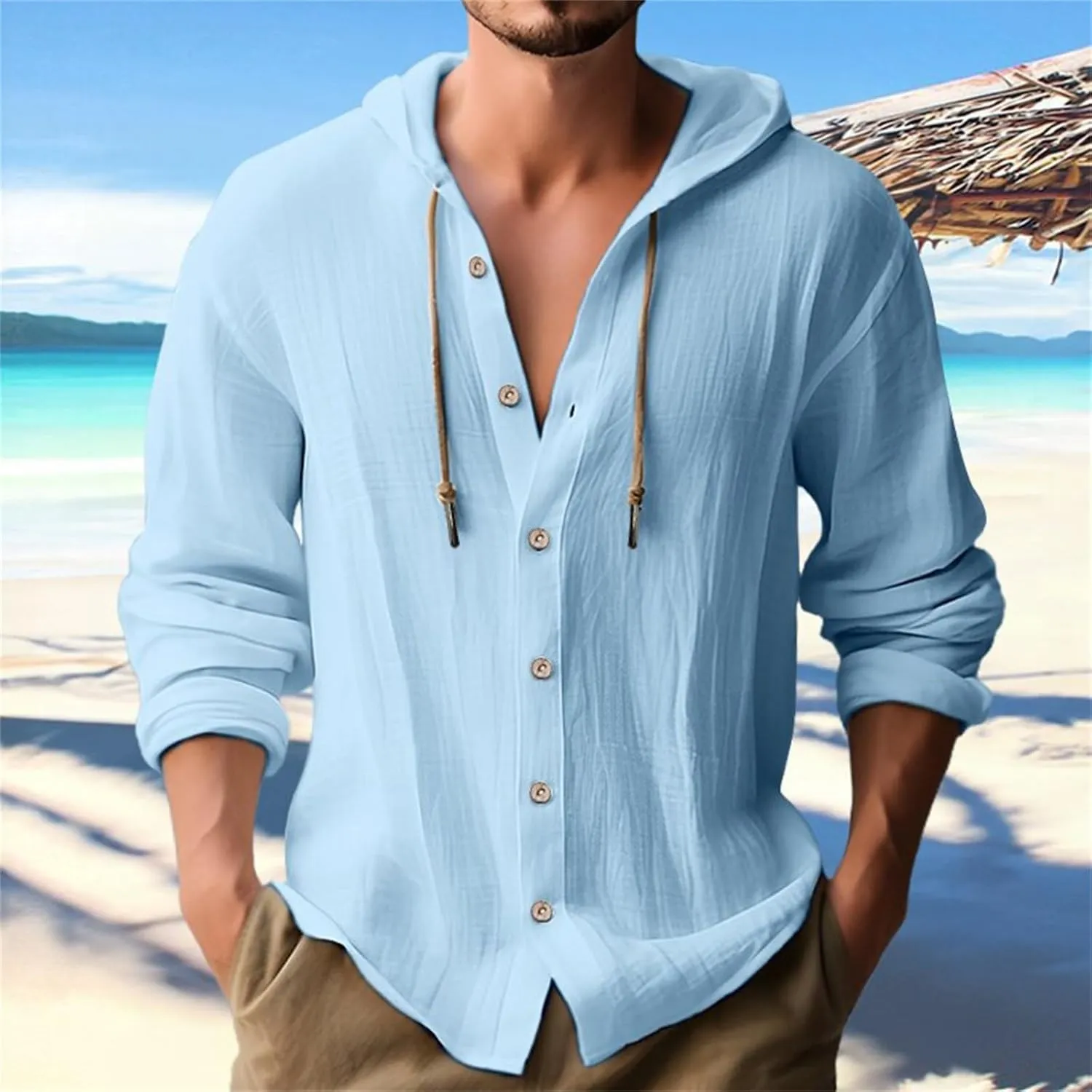 Men's Linen Shirts Hoodie Casual Button Down Shirt Men Long Sleeve Linen Chambray Shirt Mens Beach Shirts