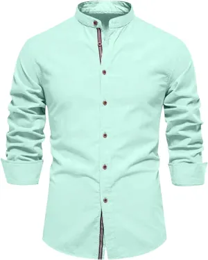 Mens Long Sleeve Cotton Linen T-Shirt Button Down Band Collar Beach Tops Casual Button Up Summer Oxford Dress Shirt