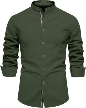 Mens Long Sleeve Cotton Linen T-Shirt Button Down Band Collar Beach Tops Casual Button Up Summer Oxford Dress Shirt