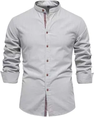 Mens Long Sleeve Cotton Linen T-Shirt Button Down Band Collar Beach Tops Casual Button Up Summer Oxford Dress Shirt