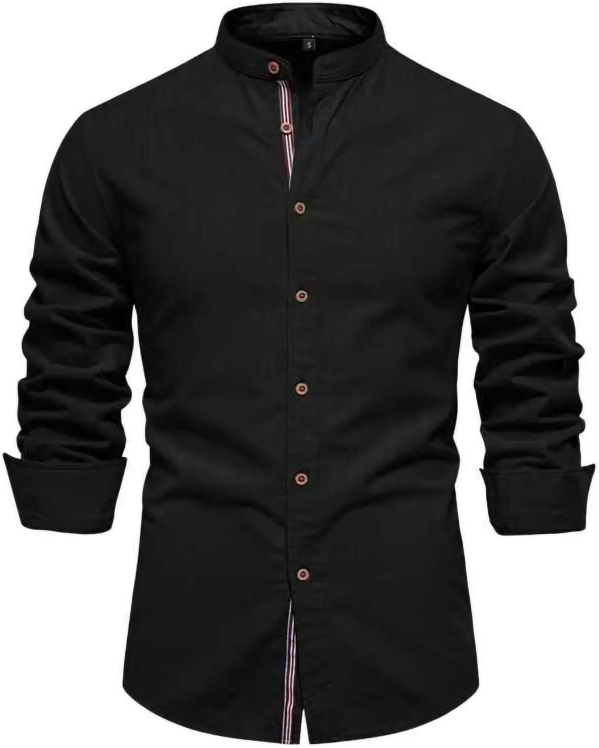 Mens Long Sleeve Cotton Linen T-Shirt Button Down Band Collar Beach Tops Casual Button Up Summer Oxford Dress Shirt