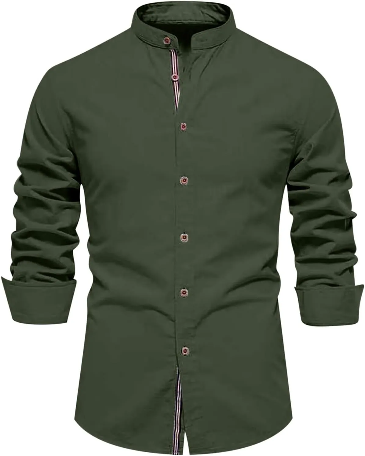 Mens Long Sleeve Cotton Linen T-Shirt Button Down Band Collar Beach Tops Casual Button Up Summer Oxford Dress Shirt