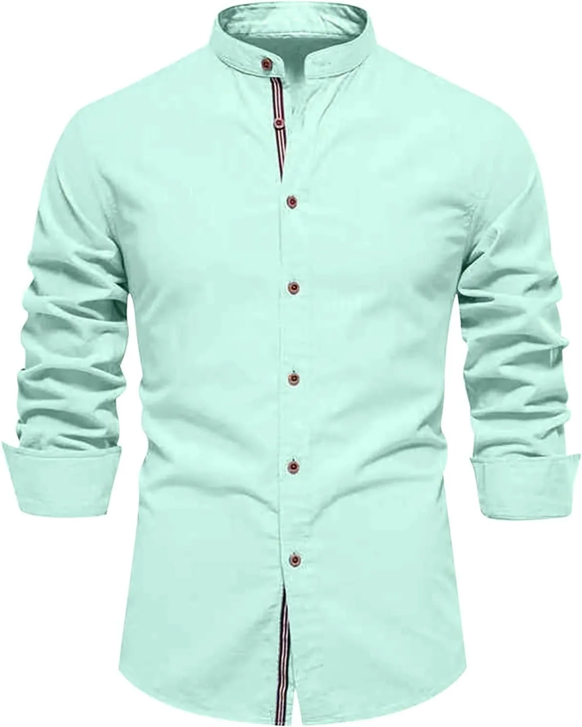 Mens Long Sleeve Cotton Linen T-Shirt Button Down Band Collar Beach Tops Casual Button Up Summer Oxford Dress Shirt