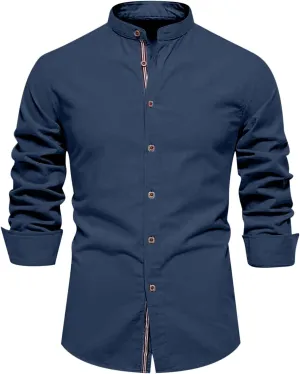 Mens Long Sleeve Cotton Linen T-Shirt Button Down Band Collar Beach Tops Casual Button Up Summer Oxford Dress Shirt