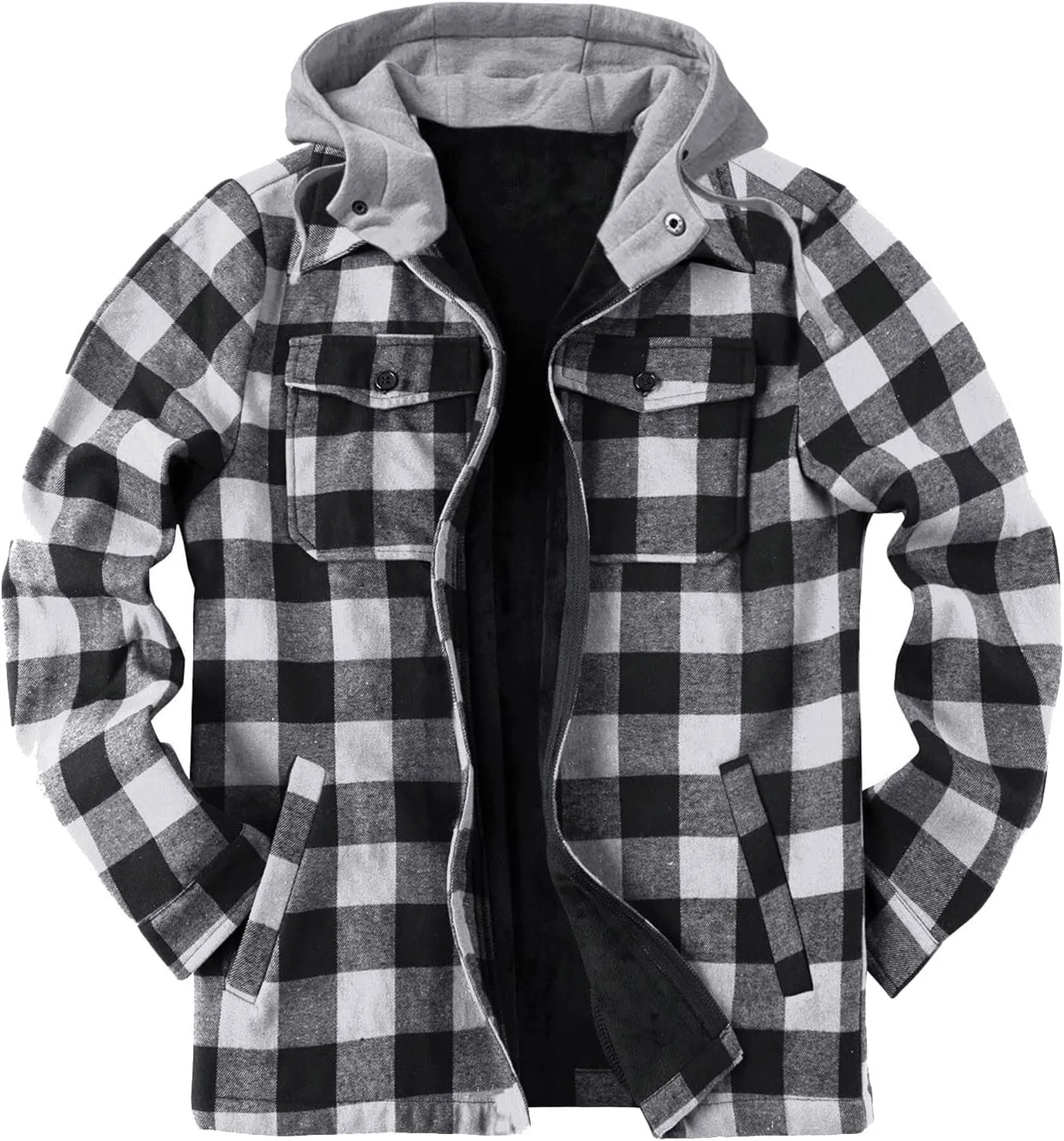 Mens Long Sleeve Sherpa Fleece Flannel Shirts Button Down Berber Lined Shackets Warm Camp Shirts Plaid Jackets B-Black