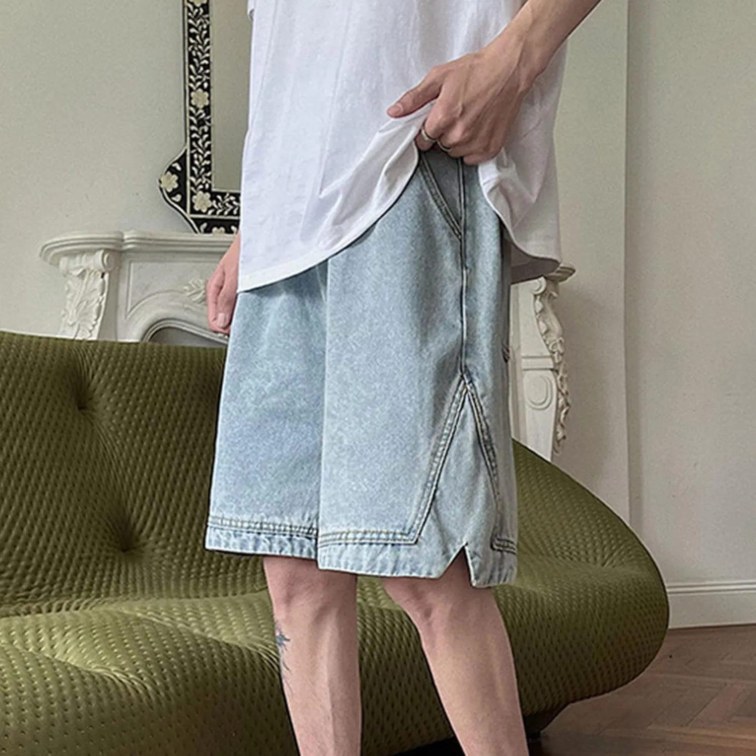 Men's Loose Fit Short Jeans Classic Straight Elastic Denim Shorts Casual Pocket Relaxed Cargo Jean Short
