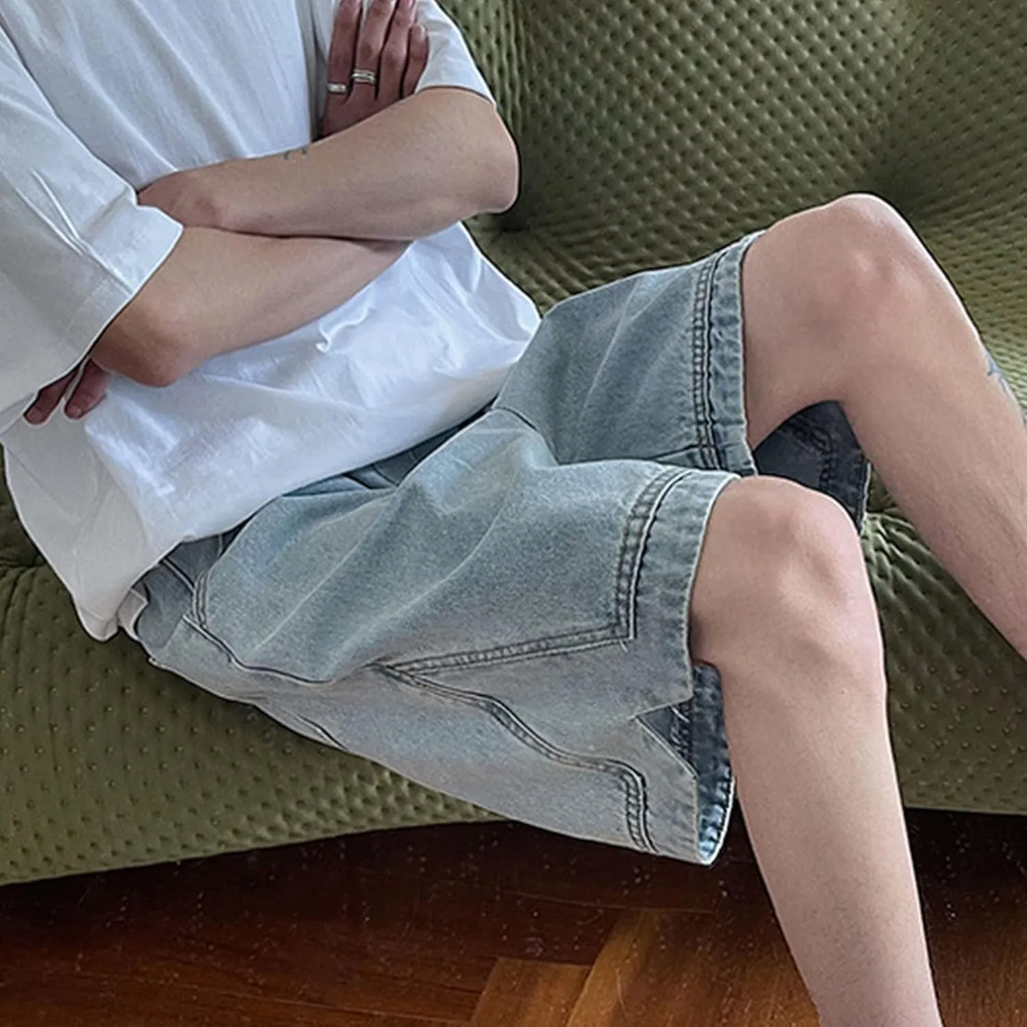 Men's Loose Fit Short Jeans Classic Straight Elastic Denim Shorts Casual Pocket Relaxed Cargo Jean Short