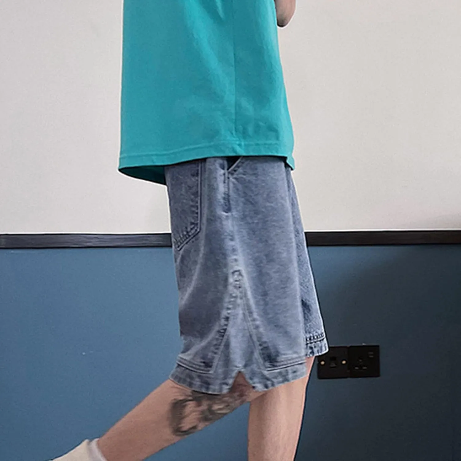 Men's Loose Fit Short Jeans Classic Straight Elastic Denim Shorts Casual Pocket Relaxed Cargo Jean Short