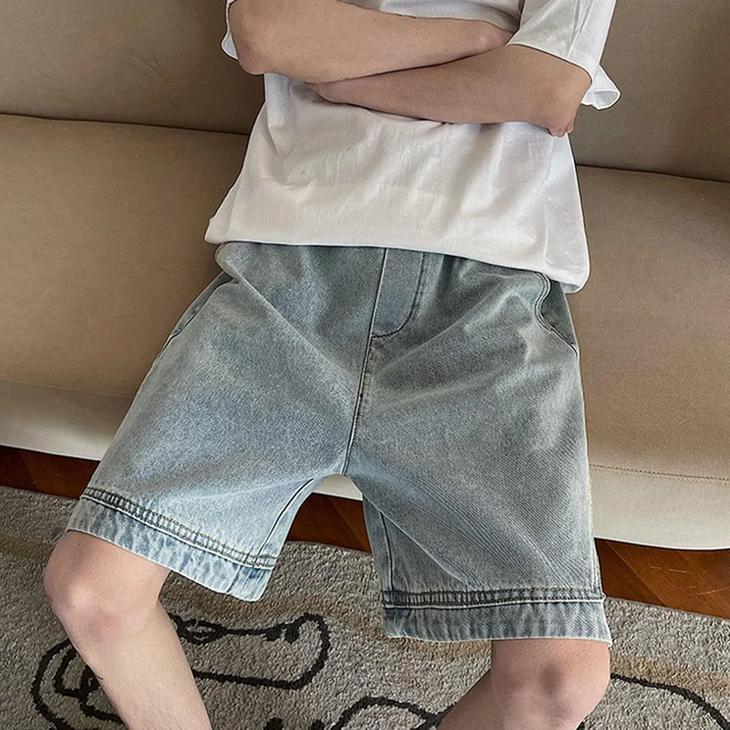 Men's Loose Fit Short Jeans Classic Straight Elastic Denim Shorts Casual Pocket Relaxed Cargo Jean Short