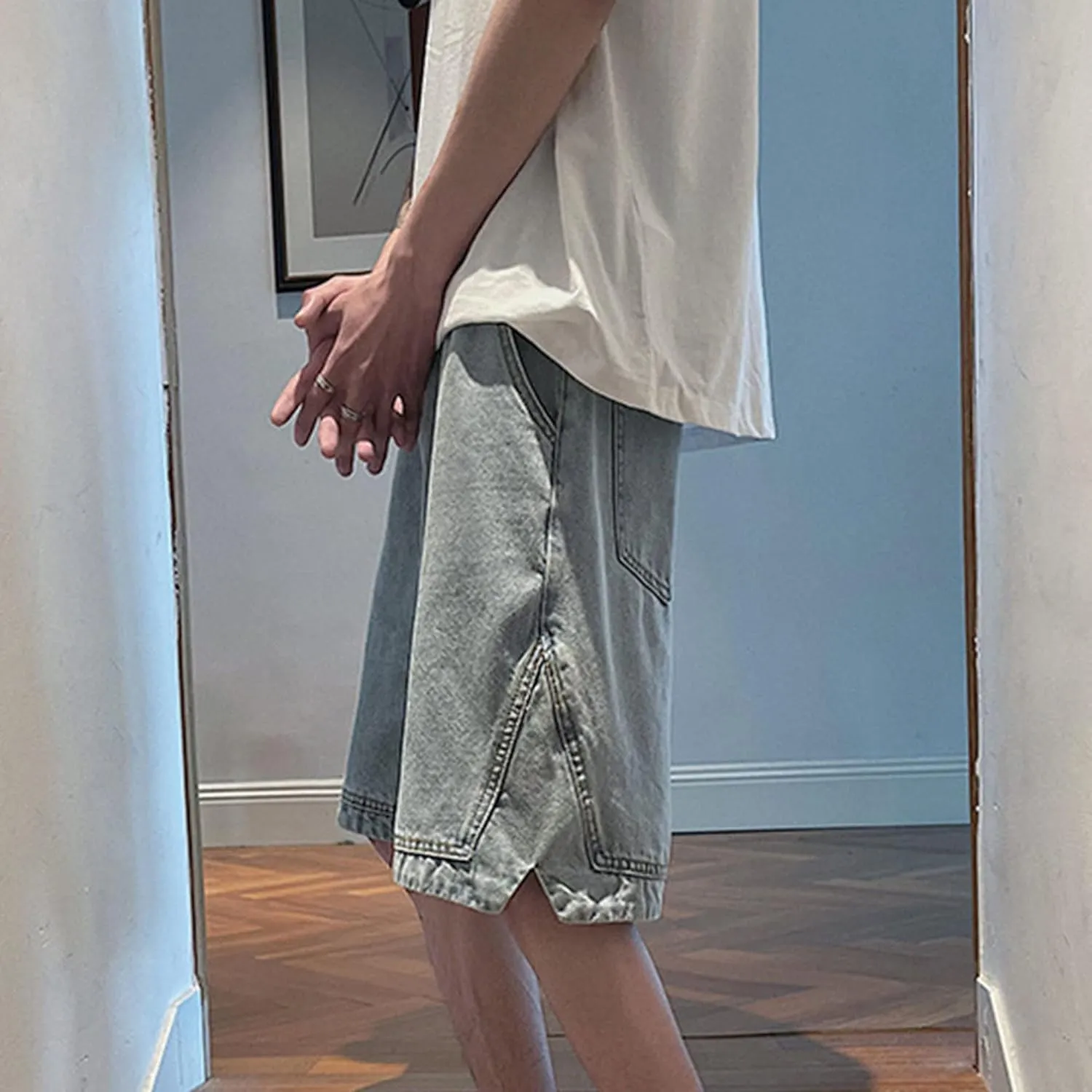 Men's Loose Fit Short Jeans Classic Straight Elastic Denim Shorts Casual Pocket Relaxed Cargo Jean Short