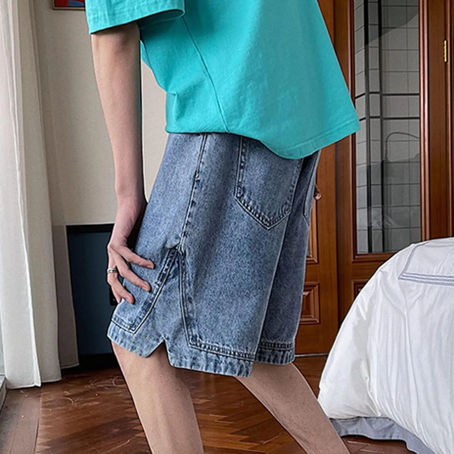 Men's Loose Fit Short Jeans Classic Straight Elastic Denim Shorts Casual Pocket Relaxed Cargo Jean Short