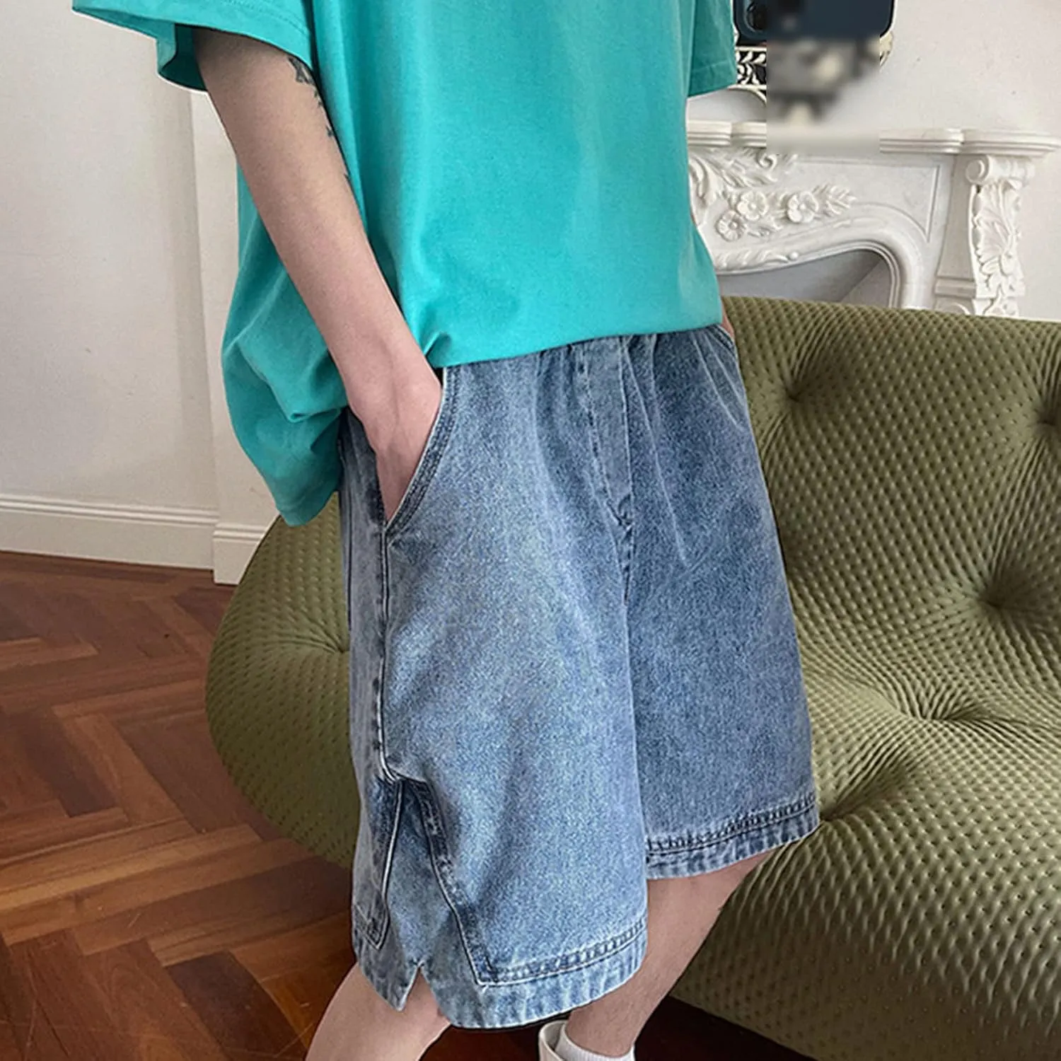 Men's Loose Fit Short Jeans Classic Straight Elastic Denim Shorts Casual Pocket Relaxed Cargo Jean Short