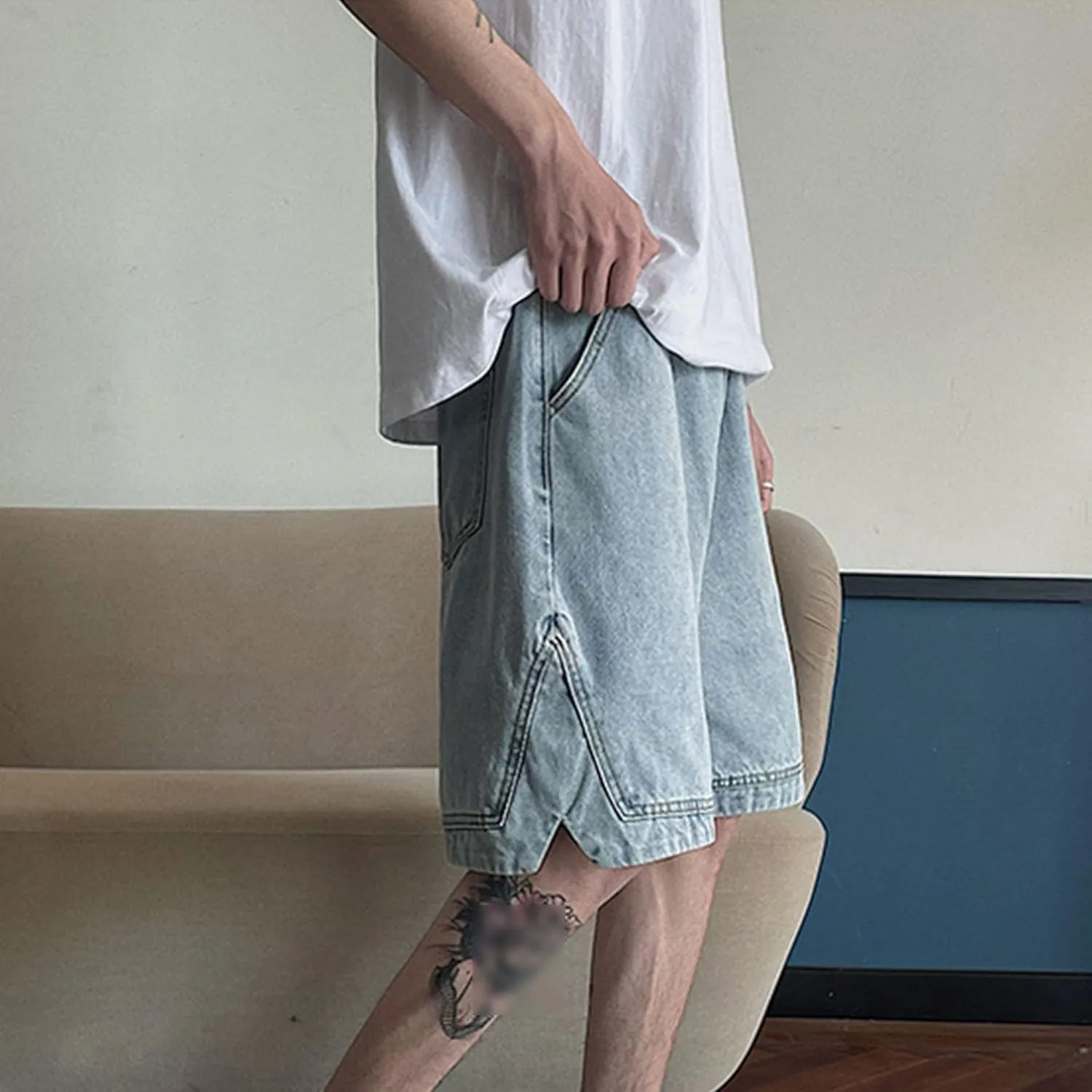 Men's Loose Fit Short Jeans Classic Straight Elastic Denim Shorts Casual Pocket Relaxed Cargo Jean Short