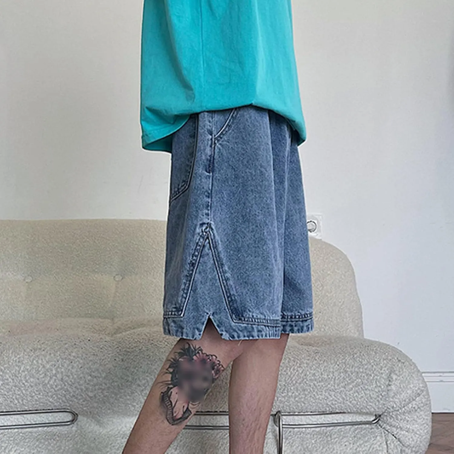 Men's Loose Fit Short Jeans Classic Straight Elastic Denim Shorts Casual Pocket Relaxed Cargo Jean Short