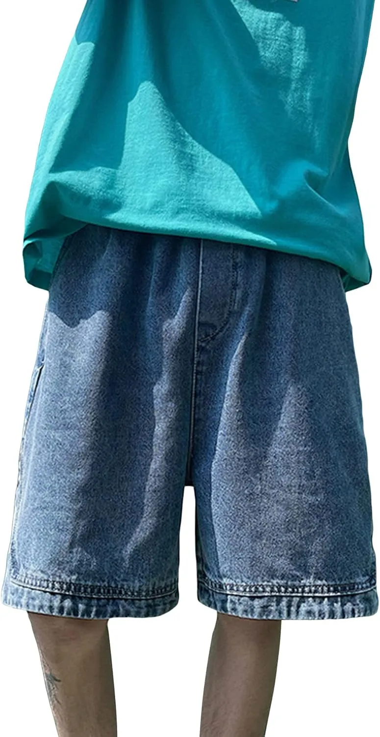 Men's Loose Fit Short Jeans Classic Straight Elastic Denim Shorts Casual Pocket Relaxed Cargo Jean Short