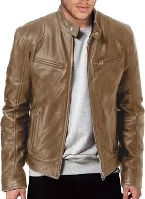 Men's Motorcycle Bomber Jacket Zip Up Stand Collar Cardigan Leather Jackets Slim Fit Lightweight Biker Outwear