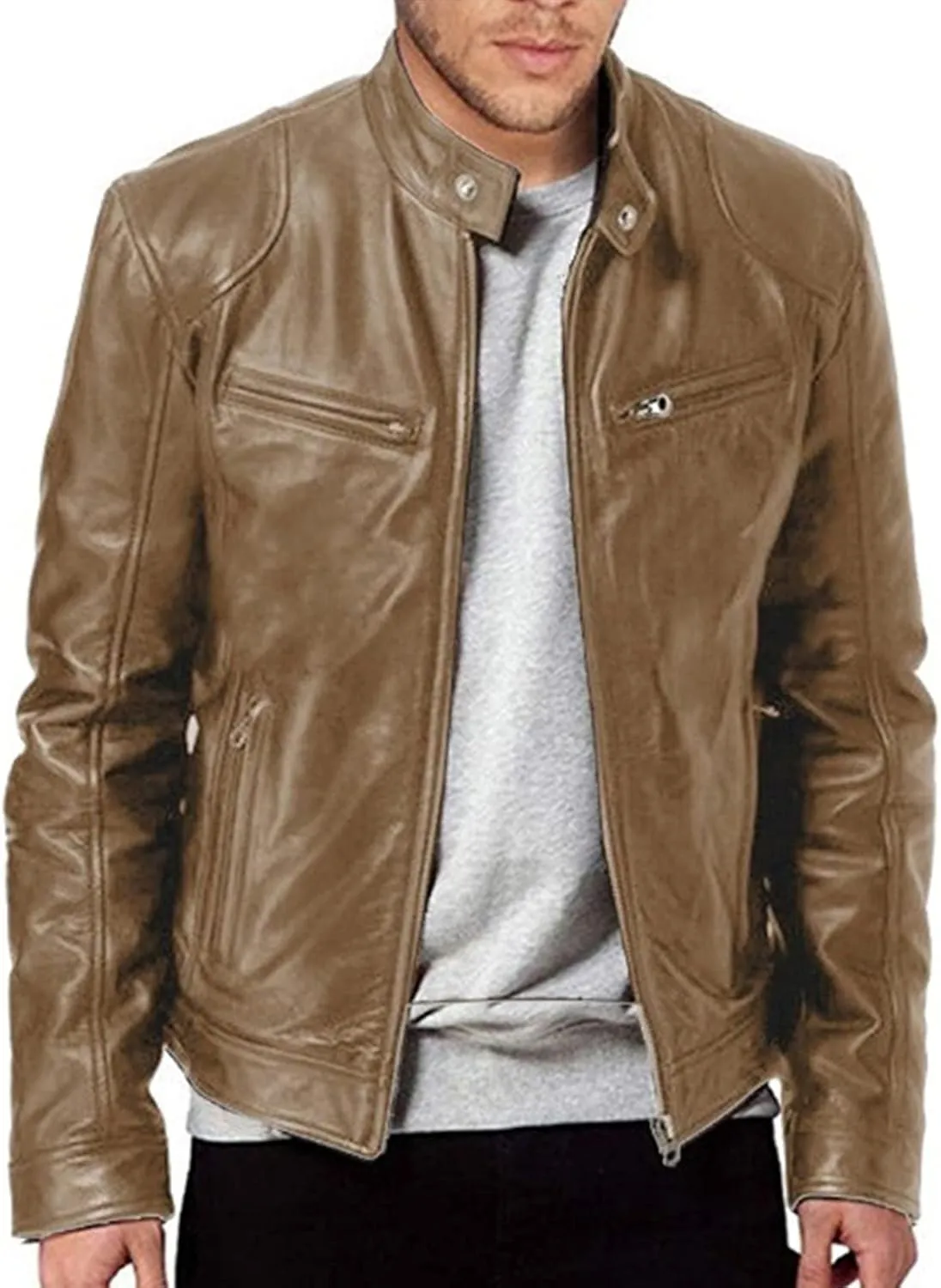 Men's Motorcycle Bomber Jacket Zip Up Stand Collar Cardigan Leather Jackets Slim Fit Lightweight Biker Outwear