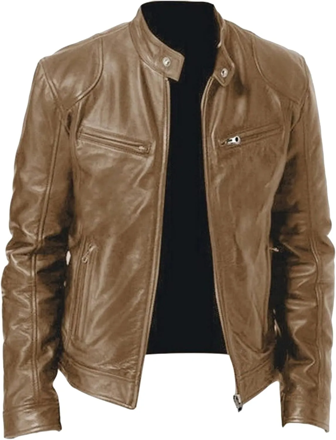 Men's Motorcycle Bomber Jacket Zip Up Stand Collar Cardigan Leather Jackets Slim Fit Lightweight Biker Outwear