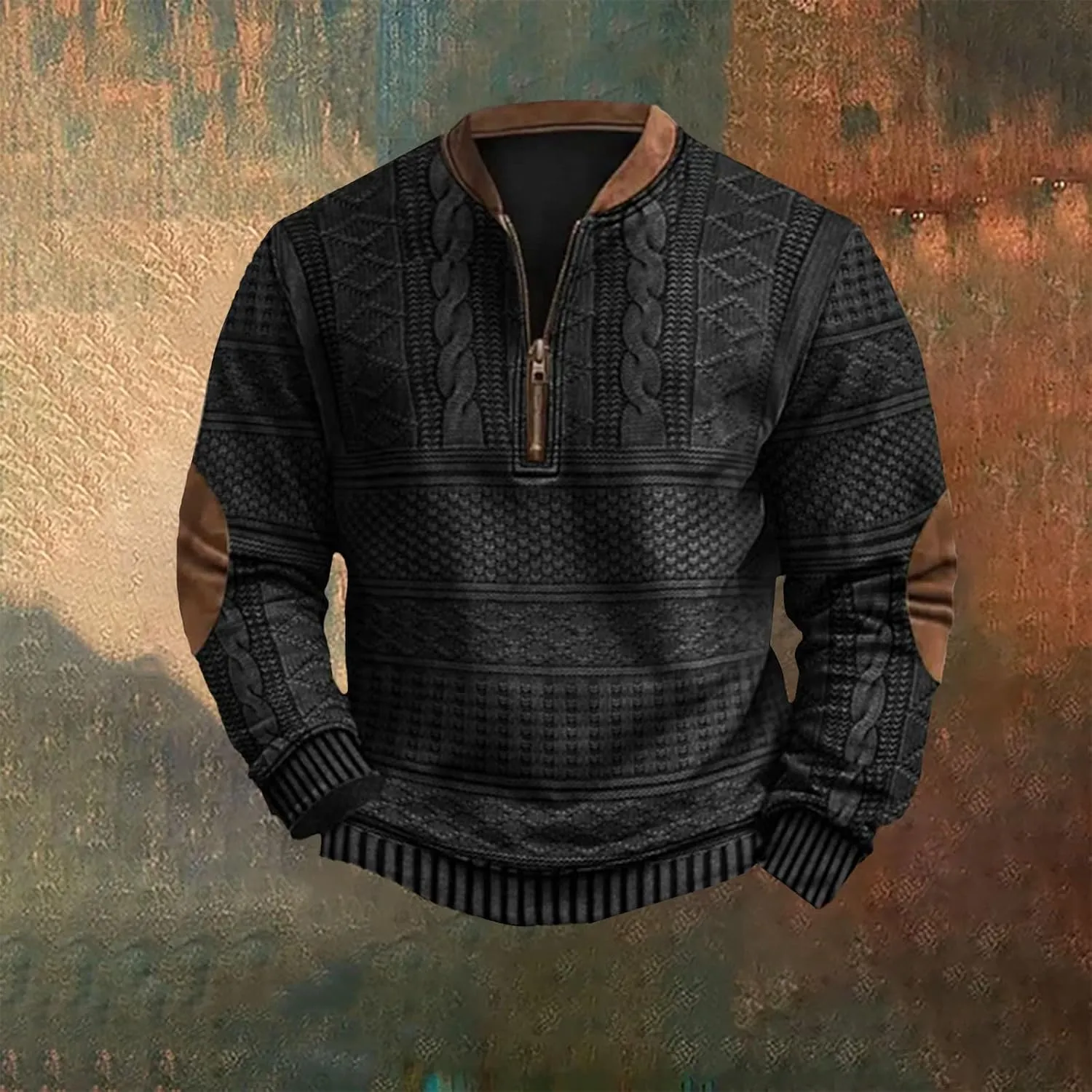 Men's Mountain Half Snap Men's Casual Fashion Loose 3D Printed Zipper Long Sleeved Cotton Pullover Sweatshirt for