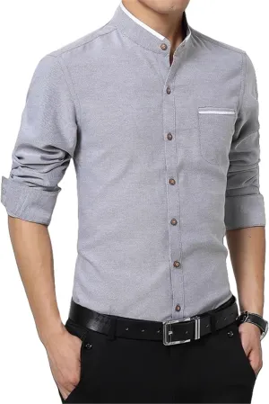 Men's Non-Iron Mandarin Collar Shirt Long Sleeve Slim Fit Business Casual Top Spring Autumn