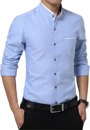 Men's Non-Iron Mandarin Collar Shirt Long Sleeve Slim Fit Business Casual Top Spring Autumn