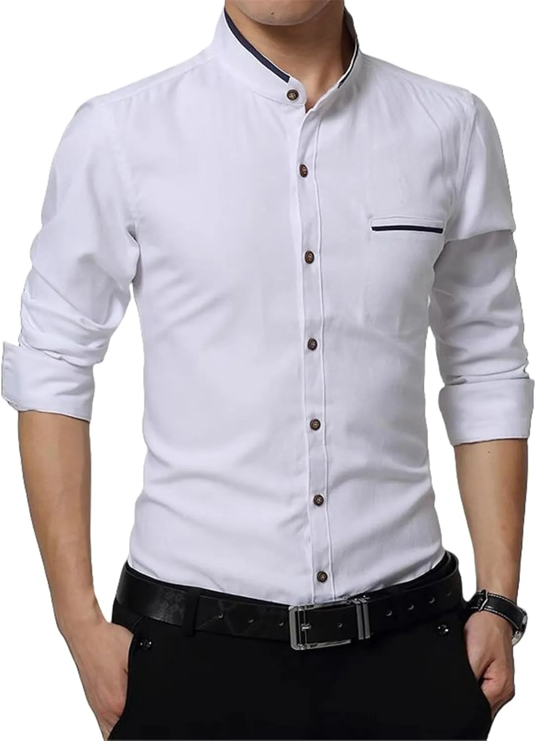 Men's Non-Iron Mandarin Collar Shirt Long Sleeve Slim Fit Business Casual Top Spring Autumn