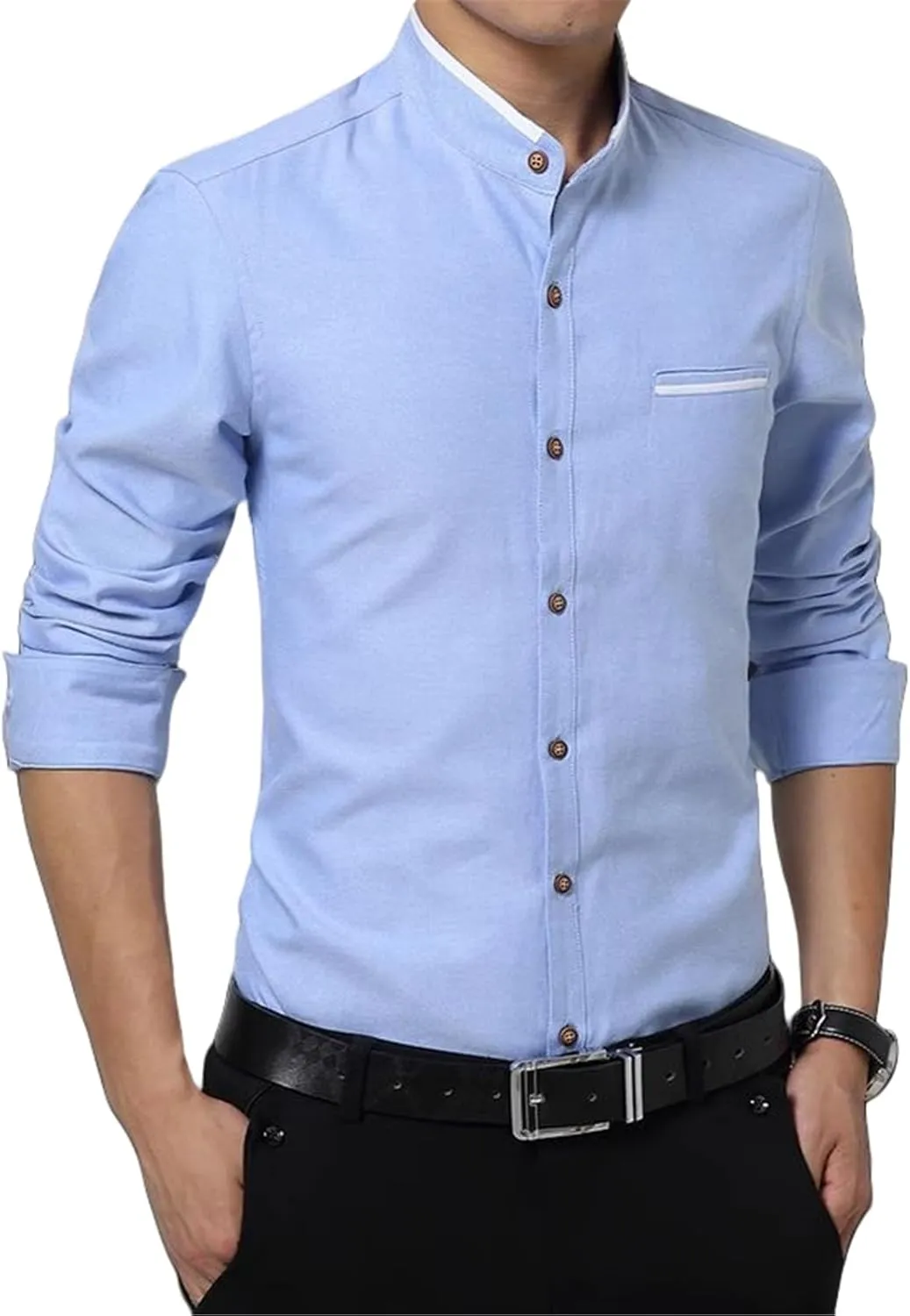 Men's Non-Iron Mandarin Collar Shirt Long Sleeve Slim Fit Business Casual Top Spring Autumn
